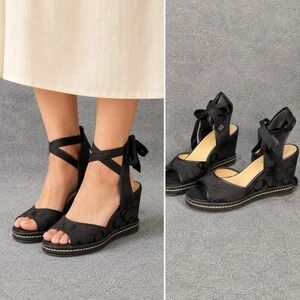 Coach Page Wedge Sandals Womens 9B Black Signature Jacquard Ankle Tie Resort